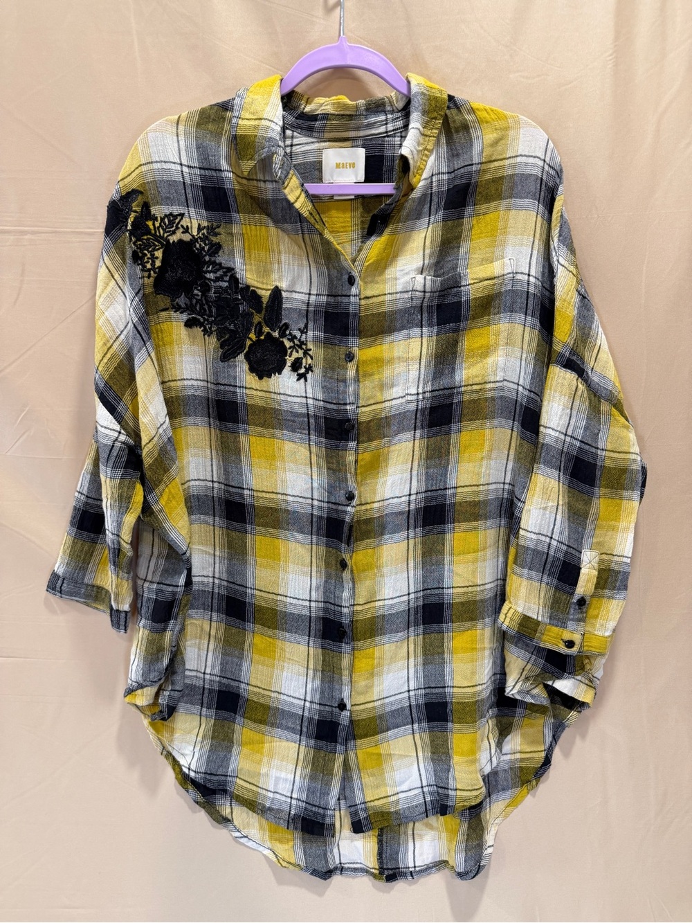 Maeve by Anthropologie Yellow Plaid Embroidered Oversized Button Down Shirt XS